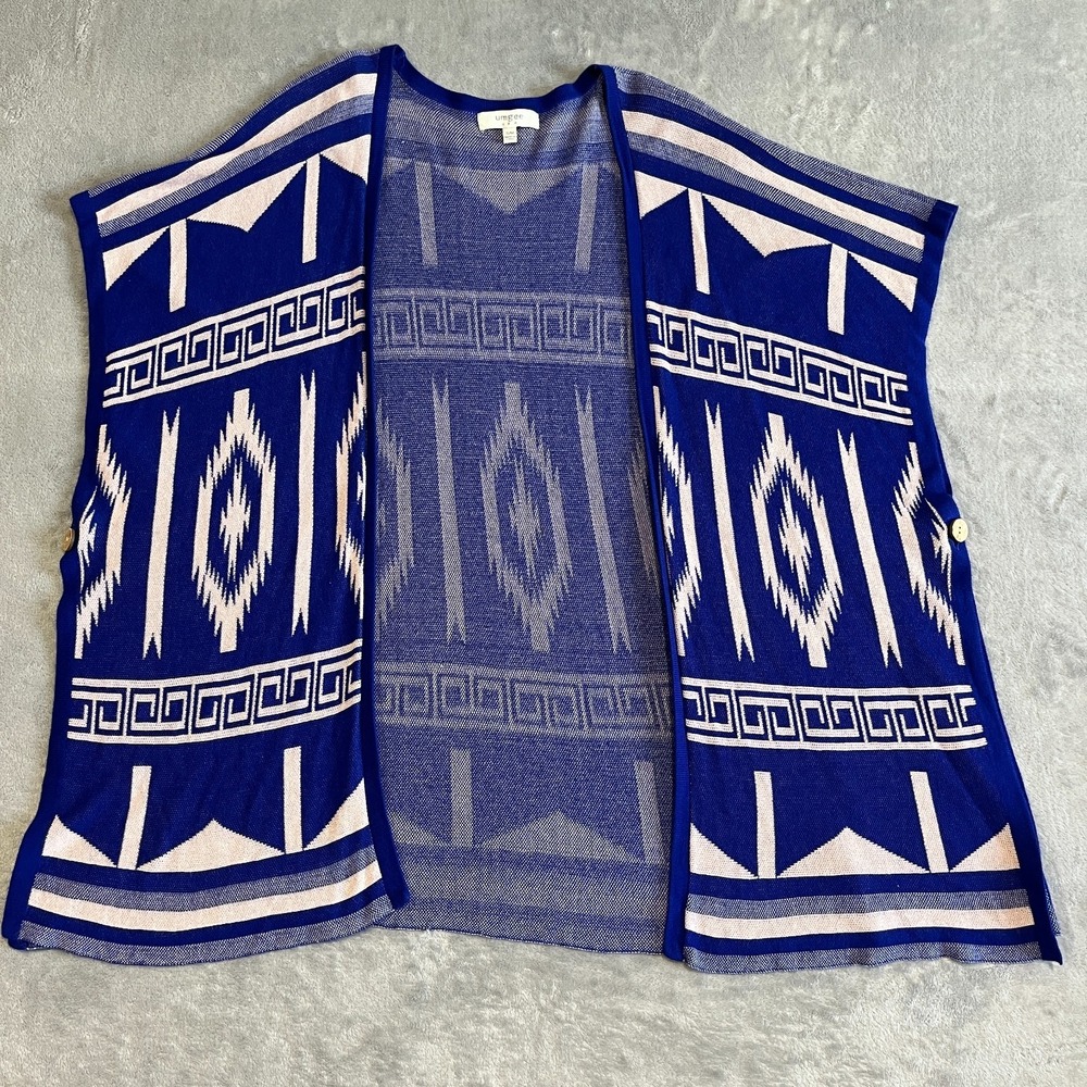 Umgee Aztec Tribal Print Open-Front Kimono Cardigan S/M Boho Blue/Beige Festival